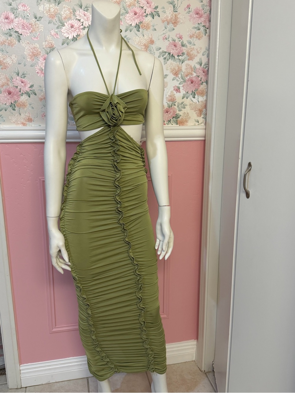 Olive Ruched Halter Midi Dress with Front Rosette